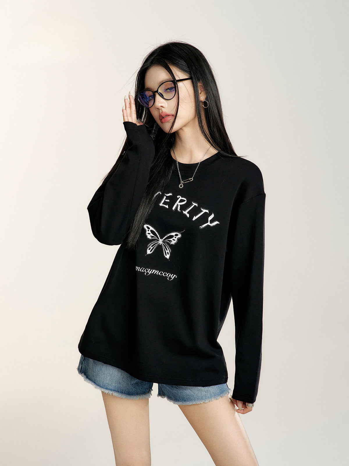 Black &amp; White Rhinestone Butterfly Long-sleeve T-shirt