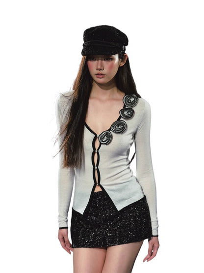 3D Rose Appliqué Sheer Knit Cardigan - CHINASQUAD