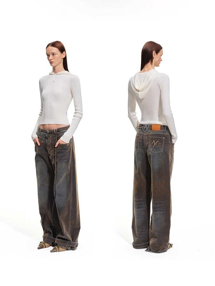 Terracotta Velvet-Washed Wide-Leg Jeans