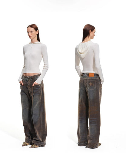 Terracotta Velvet-Washed Wide-Leg Jeans
