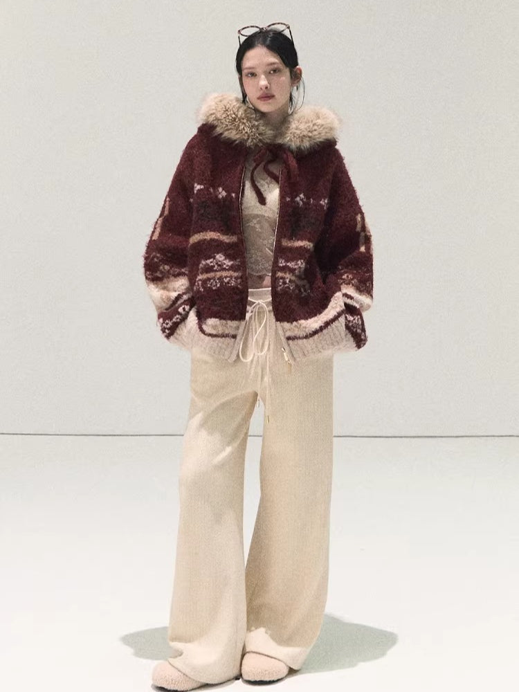 Detachable Fur-Collar Wool Hooded Cardigan