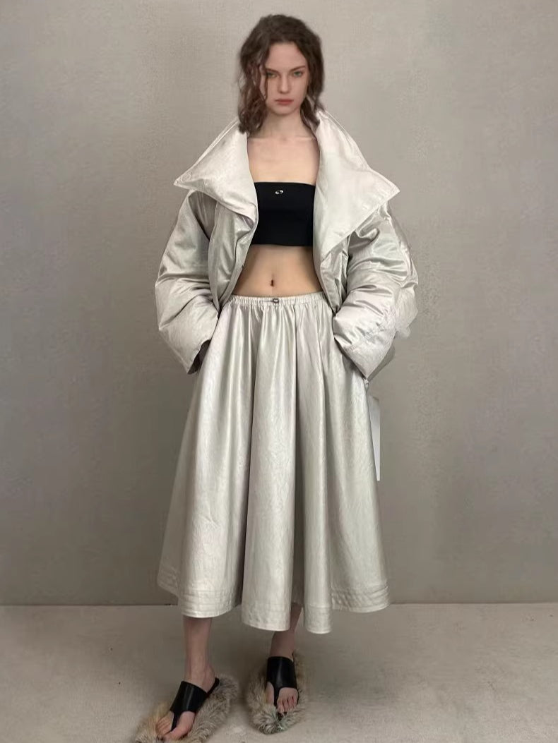 Oversized Leather-Texture Down Jacket