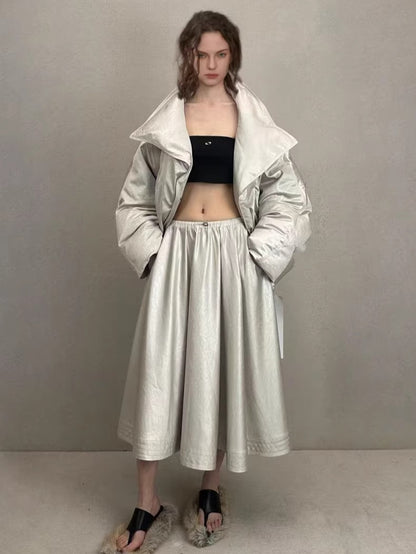 Oversized Leather-Texture Down Jacket