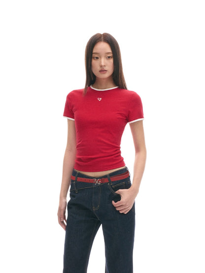 Ribbed Color-block Slim-fit Shoulder T-shirt