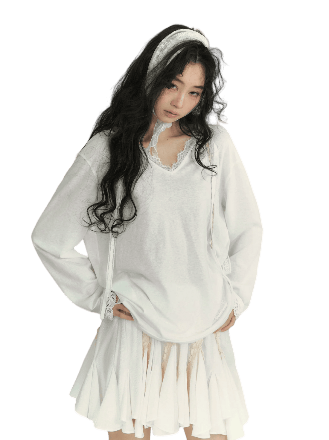 Lace Panel Tie-Detail Hooded Blouse