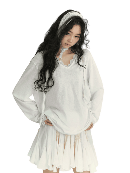 Lace Panel Tie-Detail Hooded Blouse