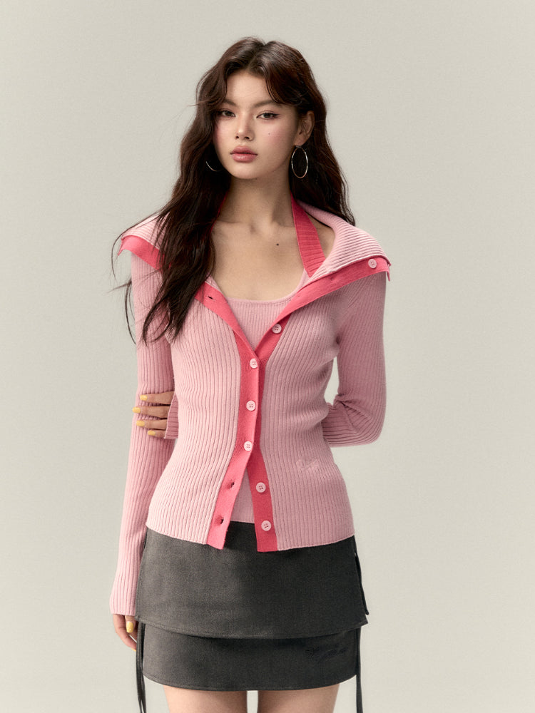 Color-Block Large-Collar Knitted Cardigan