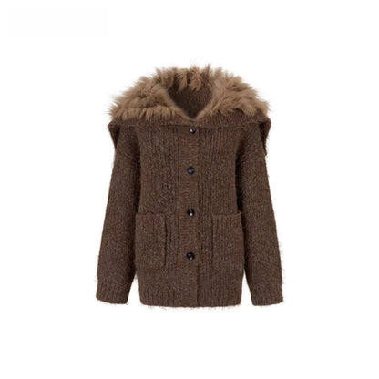 Fox Fur Collar Plush Knit Cardigan