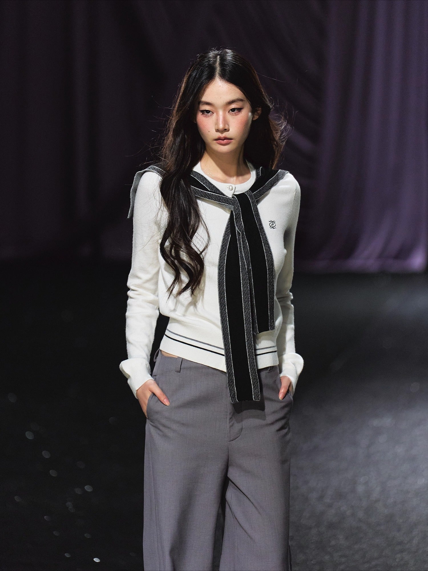 Miu-Inspired Contrast Trim Slim-Fit Knit Cardigan