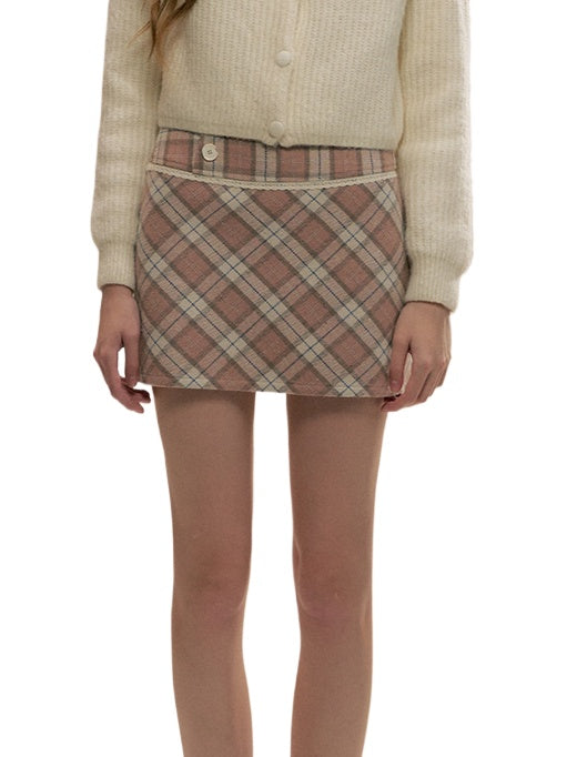 Pink Plaid Wool Mini Skirt