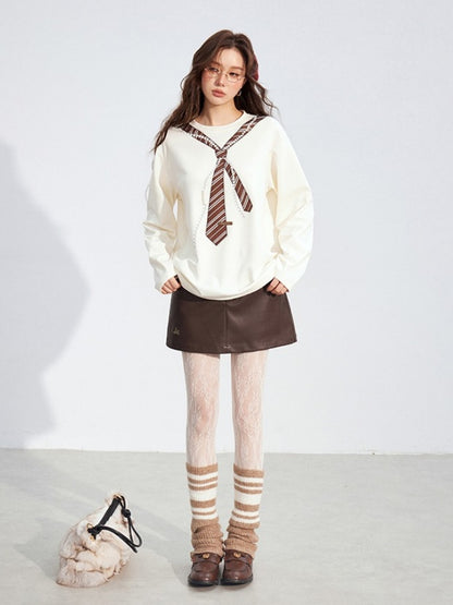 Pearl-Tie Printed Relaxed Long Sleeve T-Shirts