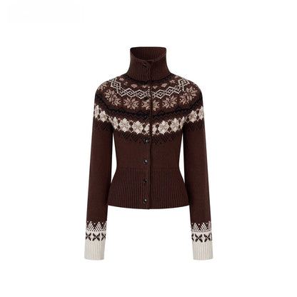Fair Isle Wool-Blend Turtleneck Knit Cardigan