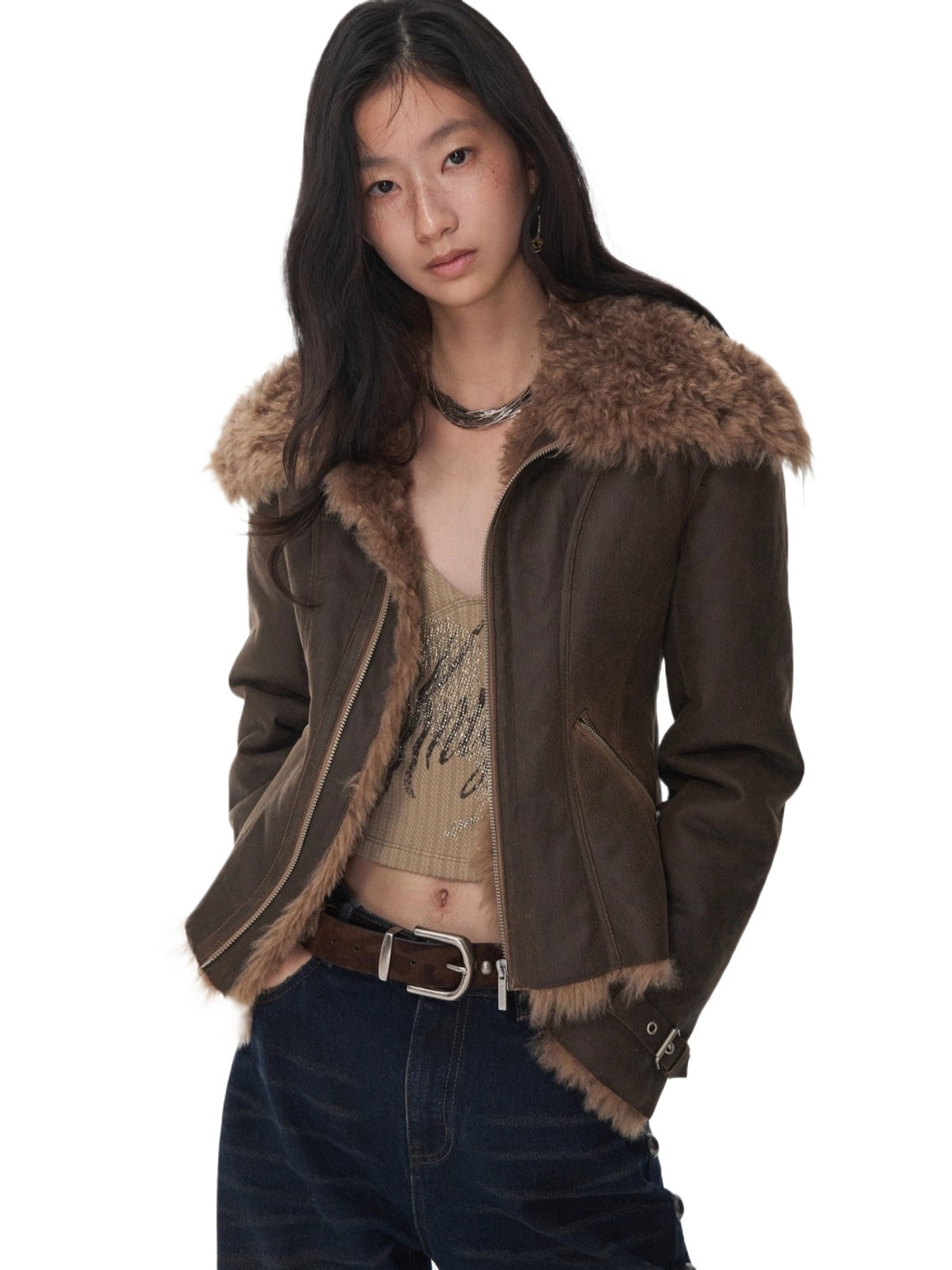 Faux Shearling-Lined Washed Leather Slim Jacket