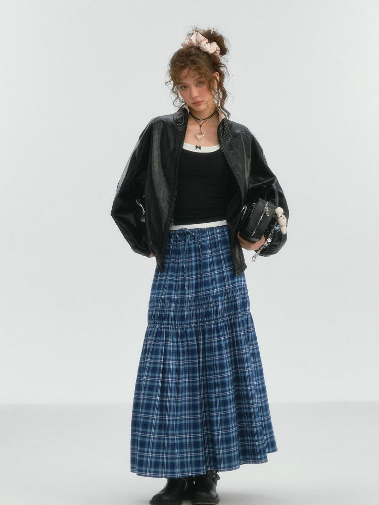 Lace Trim Drawstring Plaid Skirt