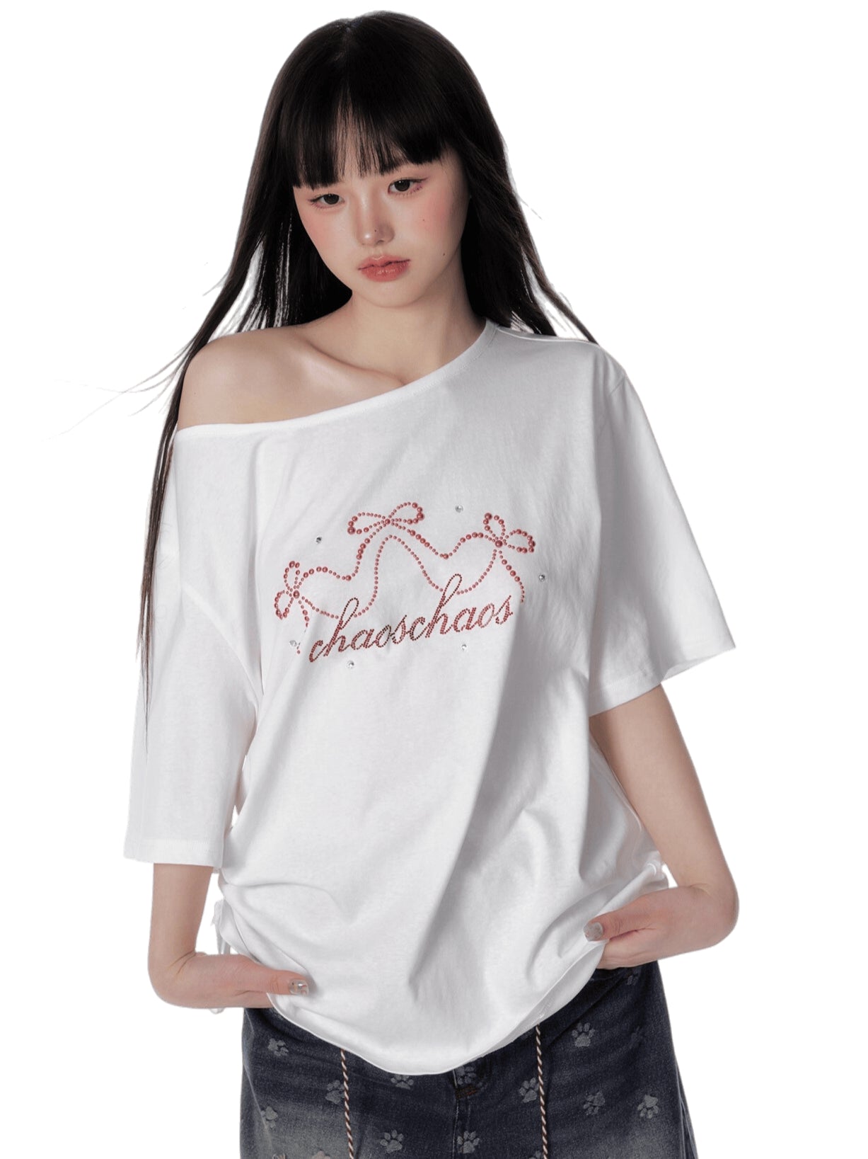 Asymmetric Bow &amp; Pearl Off-Shoulder T-Shirt