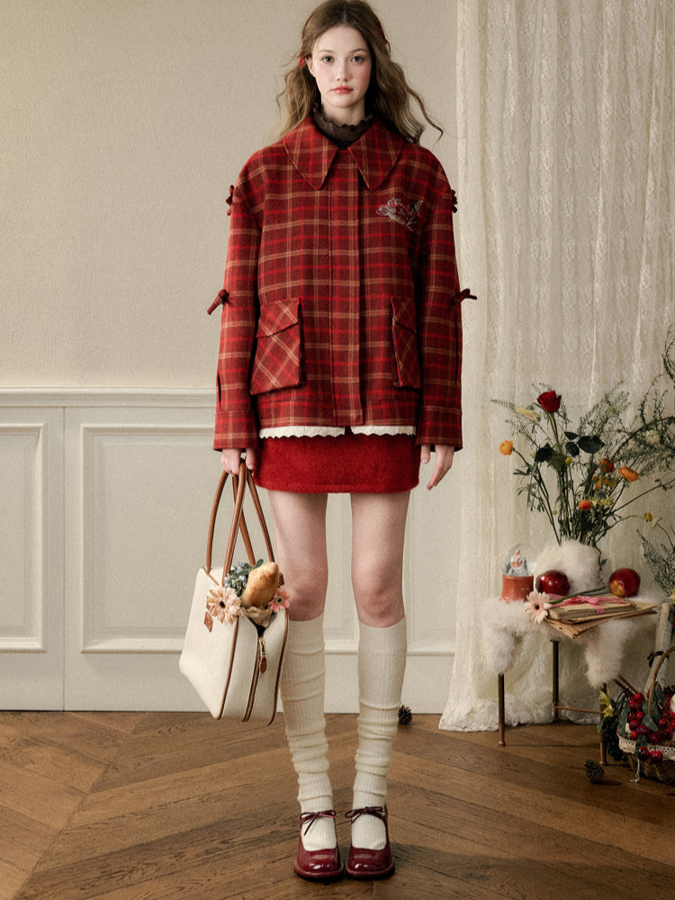 Cherry Bow Plaid Coat