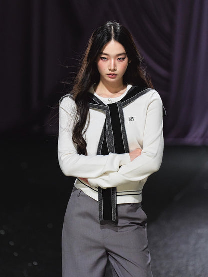 Miu-Inspired Contrast Trim Slim-Fit Knit Cardigan