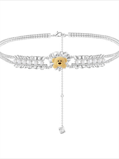 Pleated Heart &amp; Pearl Velvet Bear Necklace