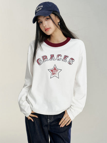 Color-Block Embroidered Brushed Casual T-Shirt