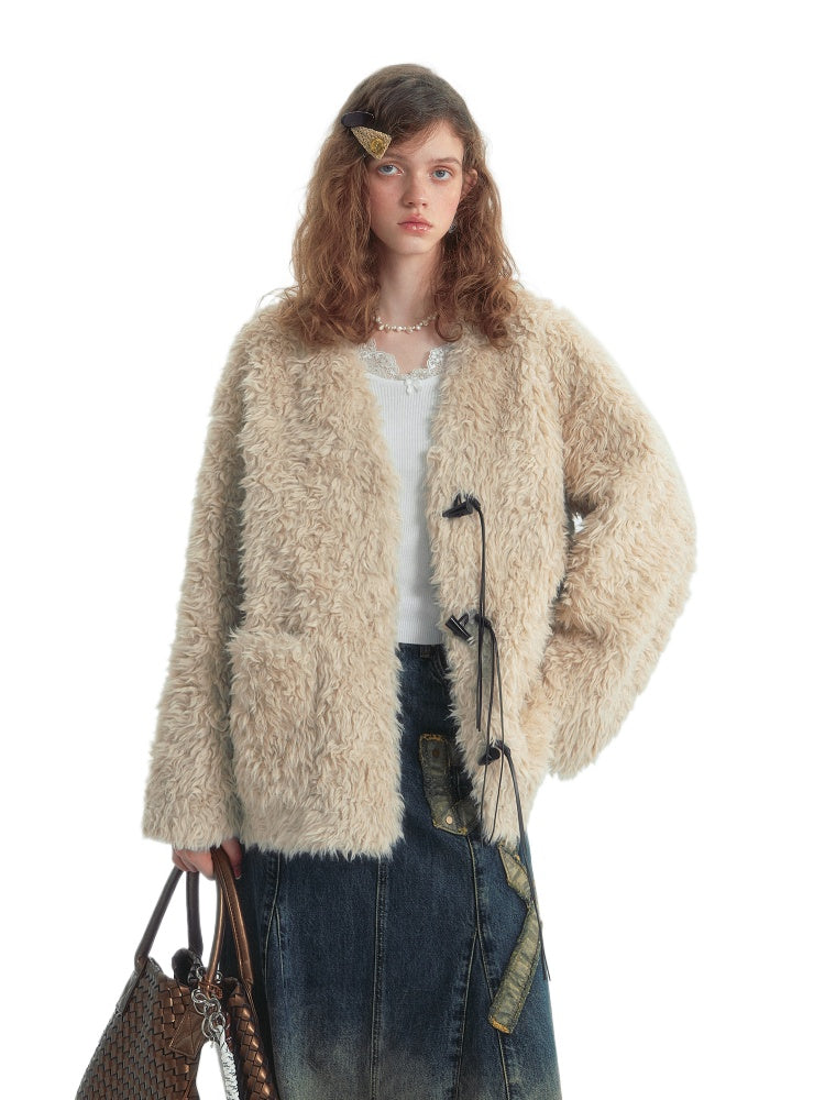 Toggle Button Fur-Trim Long Coat