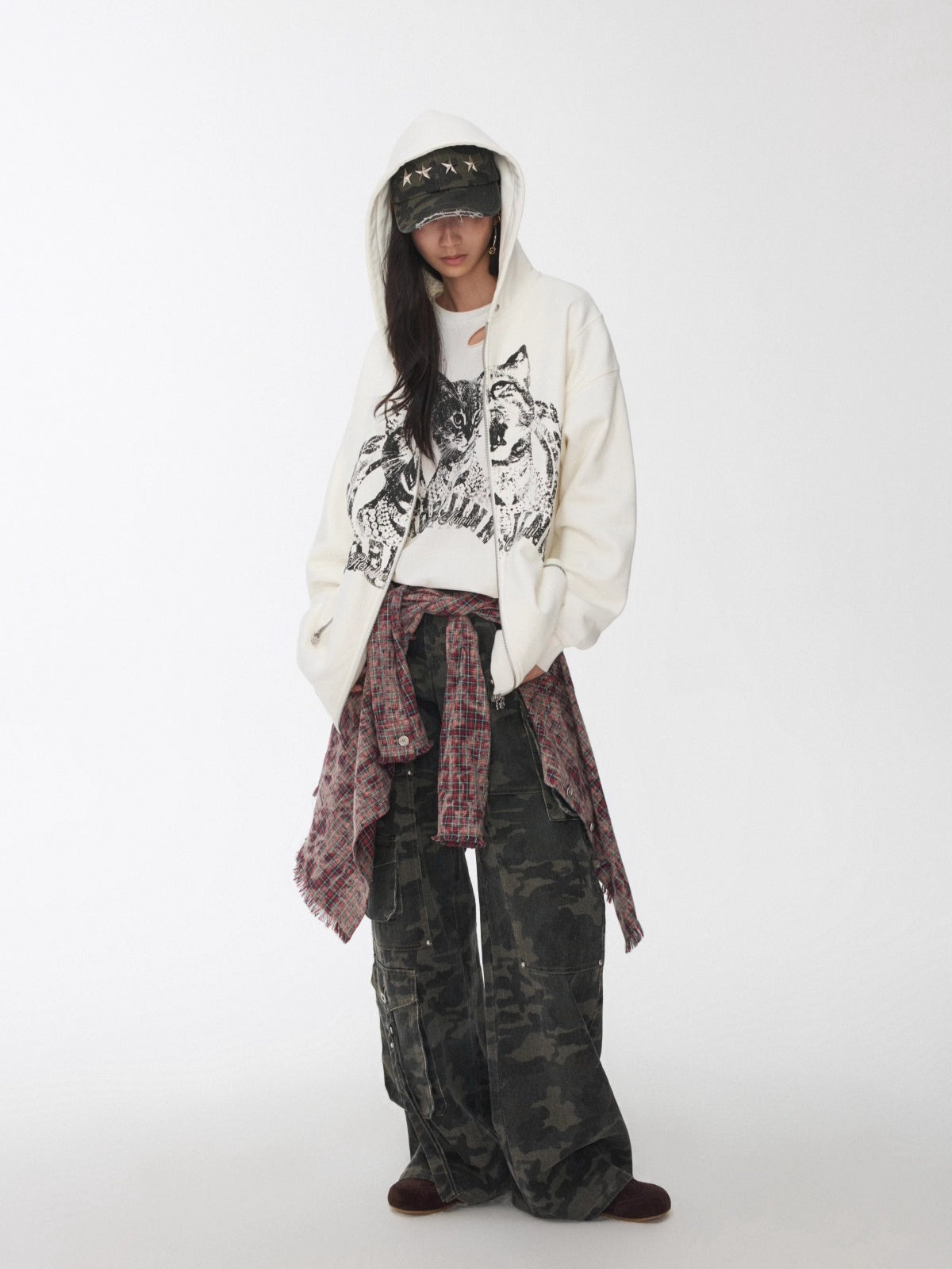 Washed Camouflage Multi-Pocket Cargo Wide-Leg Pants
