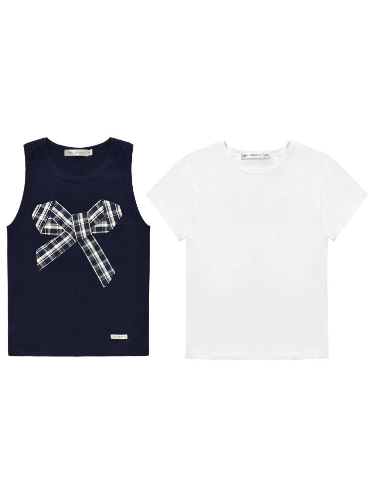 Checkered Bow Contrast Color Short - Sleeve Set