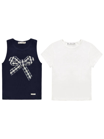 Checkered Bow Contrast Color Short - Sleeve Set