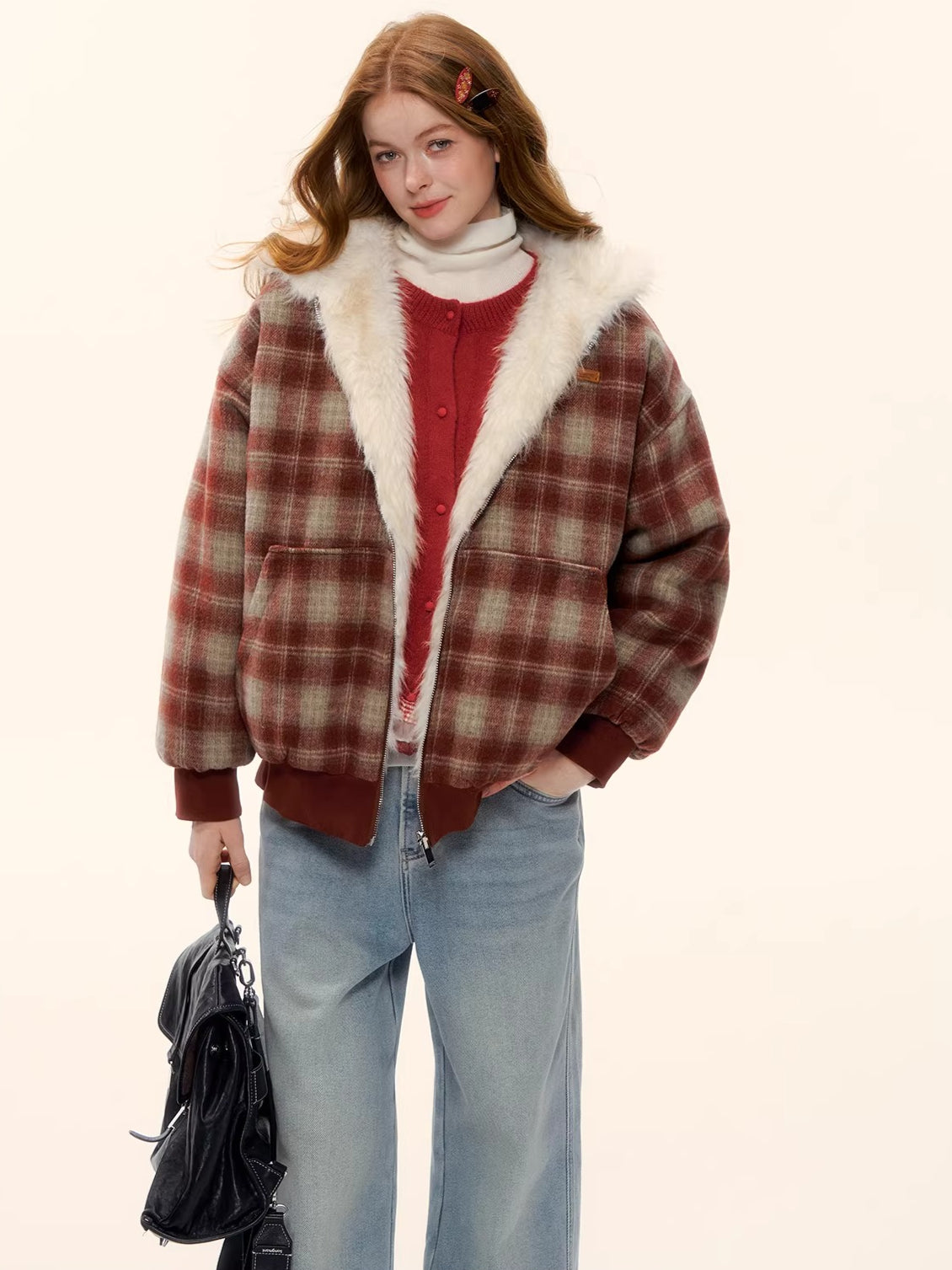 Reversible Plaid Teddy Fur Jacket