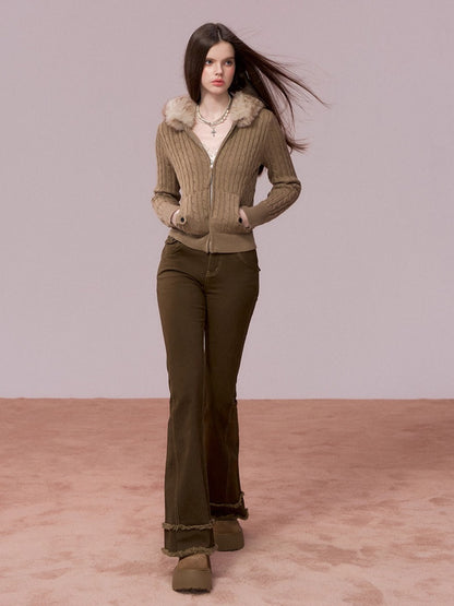 Faux-Fur Collar Cable-Knit Cardigan