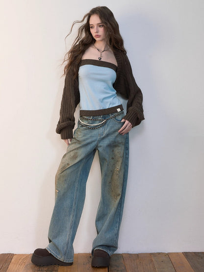 Contrast Knit Slim Wool Tube Top