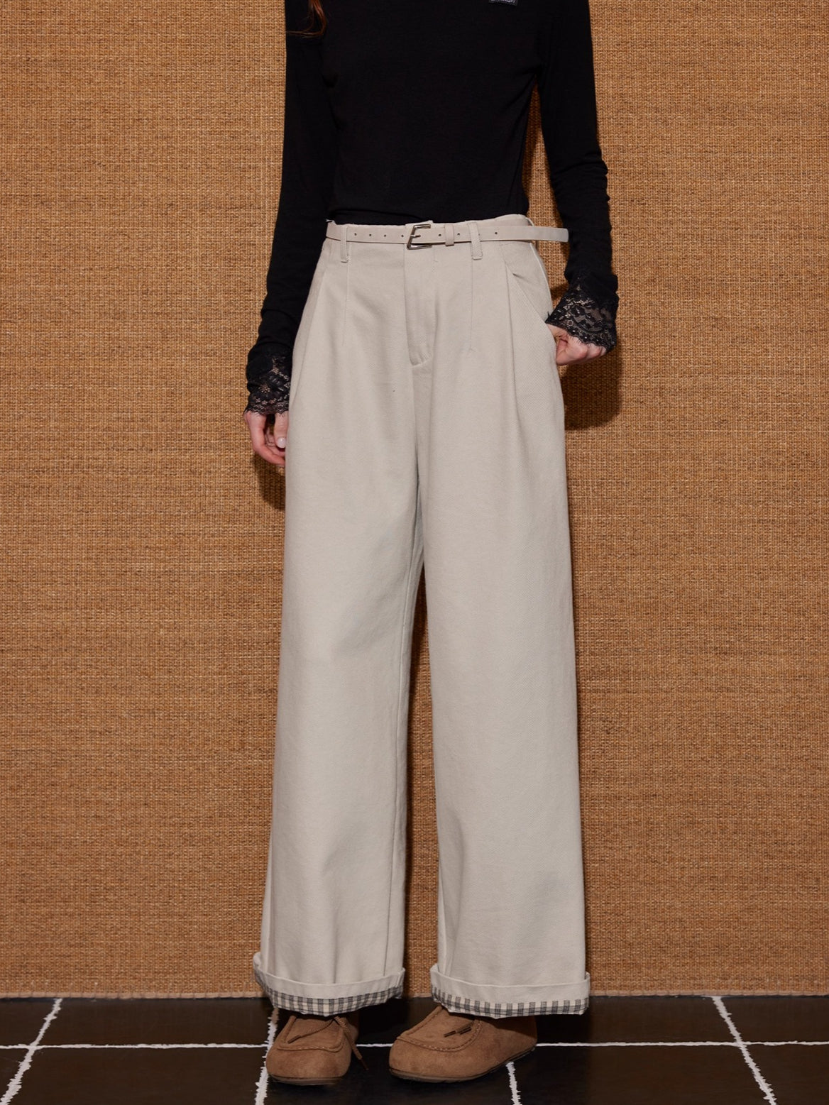 Plaid Cuff Belted High-Waist Wide-Leg Pants