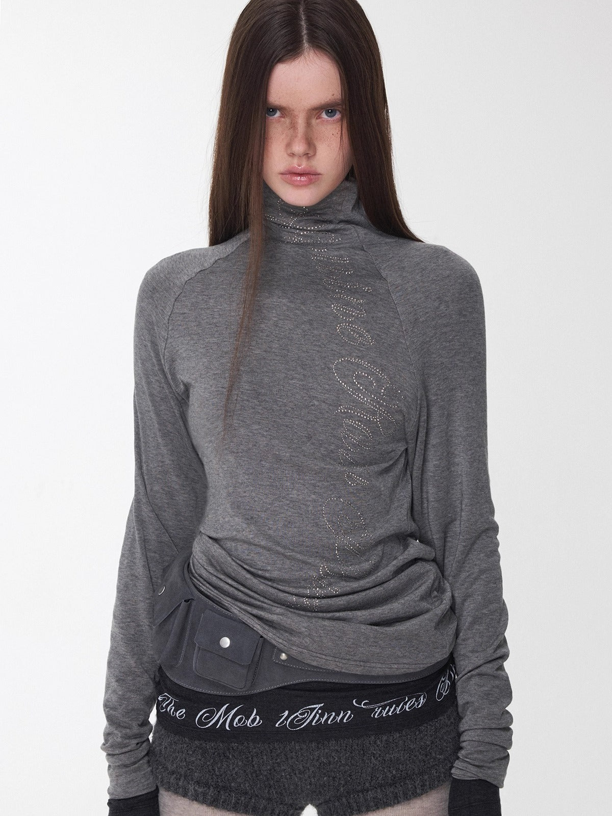 Rhinestone High-Neck Raglan Knit T-Shirt