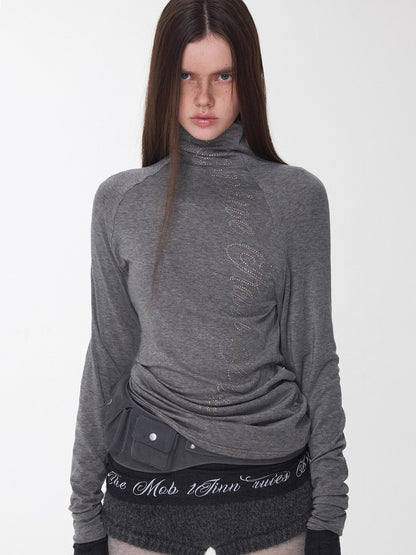 Rhinestone High-Neck Raglan Knit T-Shirt