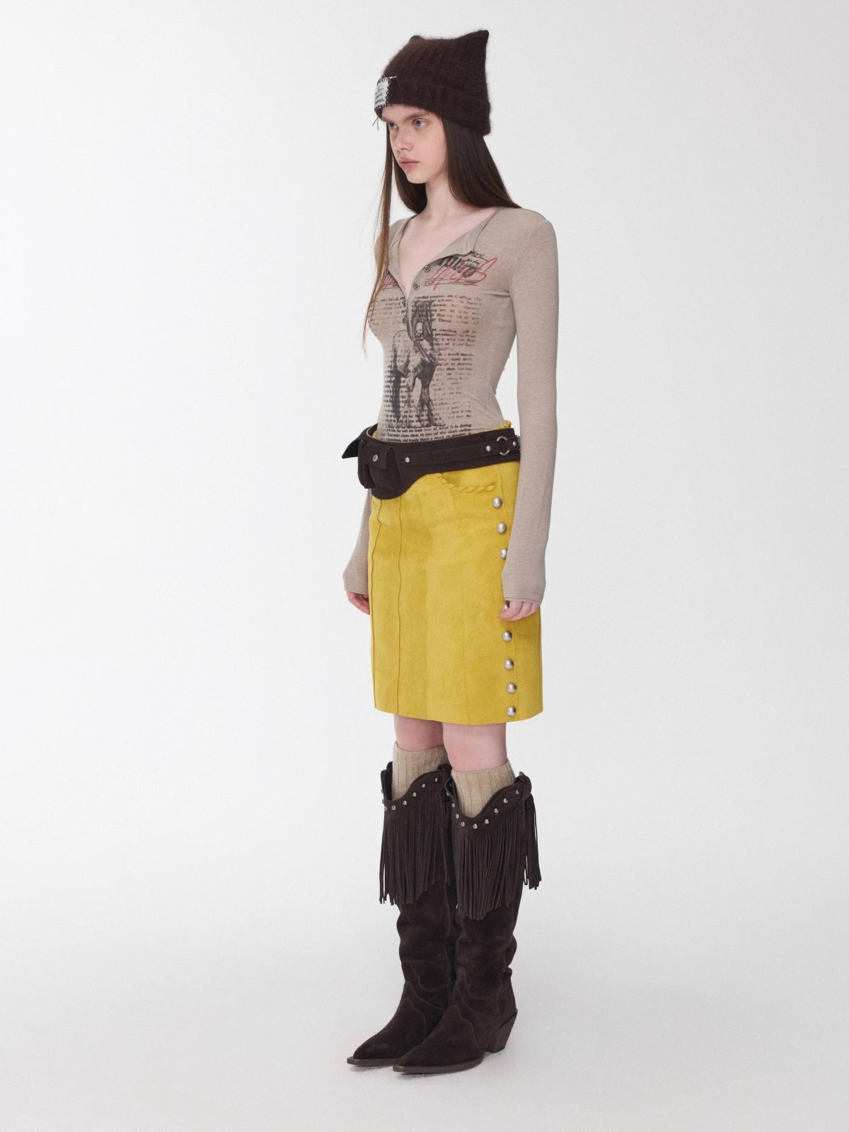 Henley Animal-Print Knitted Long Sleeves T-Shirt