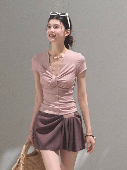 Gentle Melt Lyocell Beaded V-Neck T-Shirt