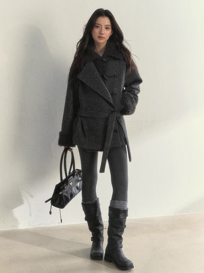 Deep Grey &amp; Brown Wool Blend Fleece-Collar Coat