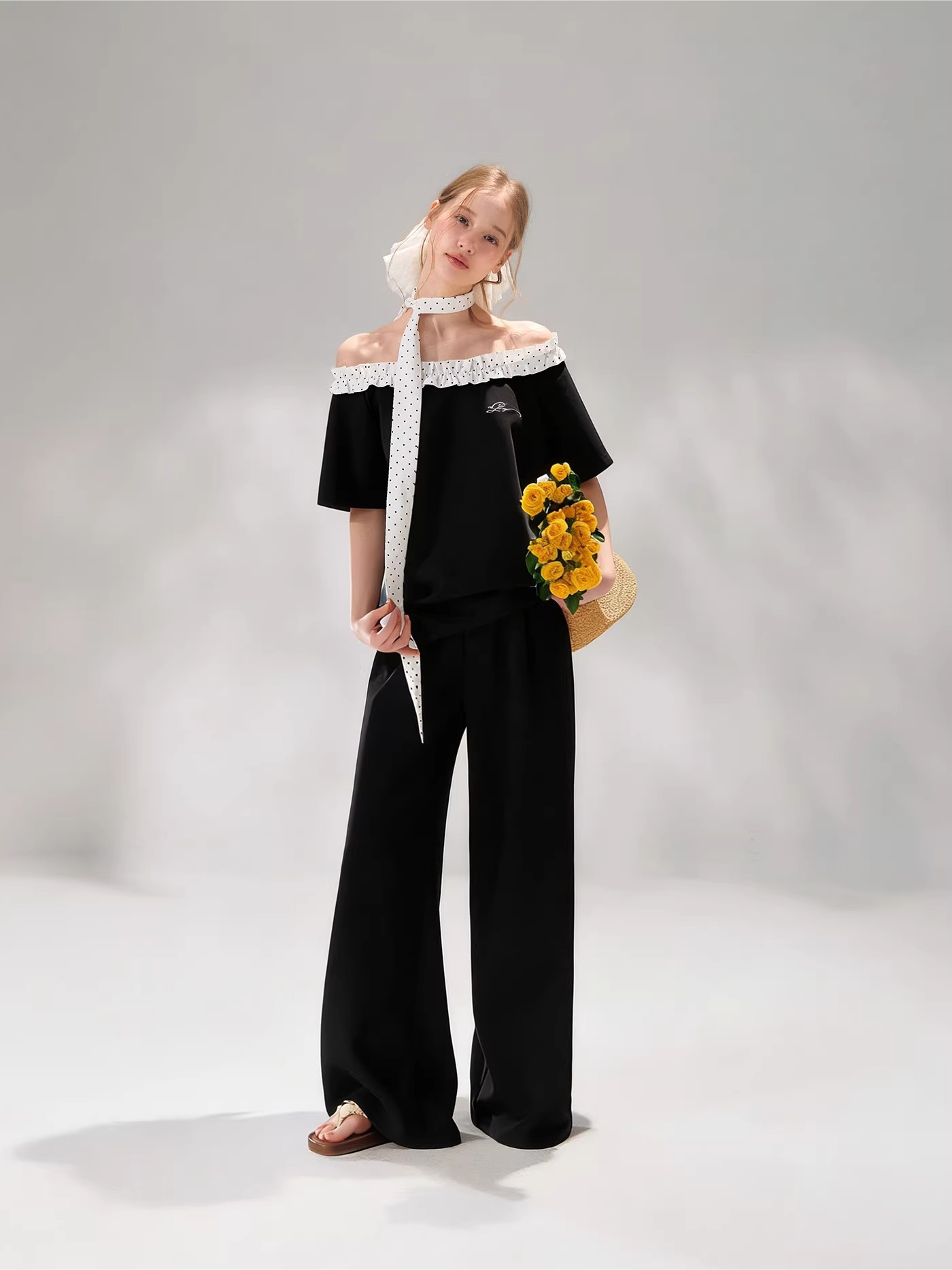 Polka Dot Ruffle Trim Off-Shoulder T-Shirt &amp; Tie-Waist Lounge Pants Set