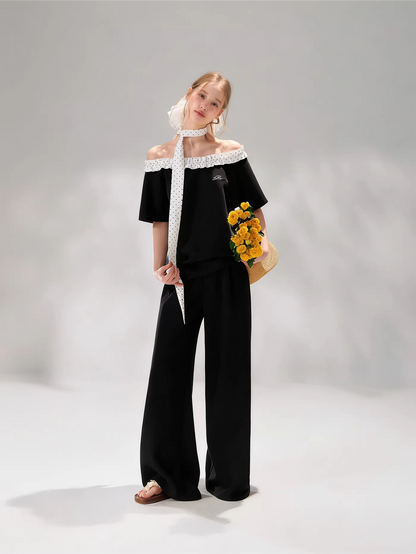Polka Dot Ruffle Trim Off-Shoulder T-Shirt &amp; Tie-Waist Lounge Pants Set