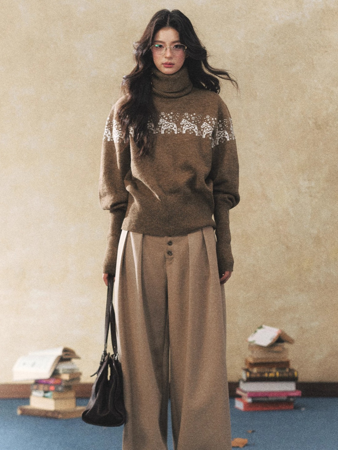 Dual-Tone Knit Turtleneck Sweater