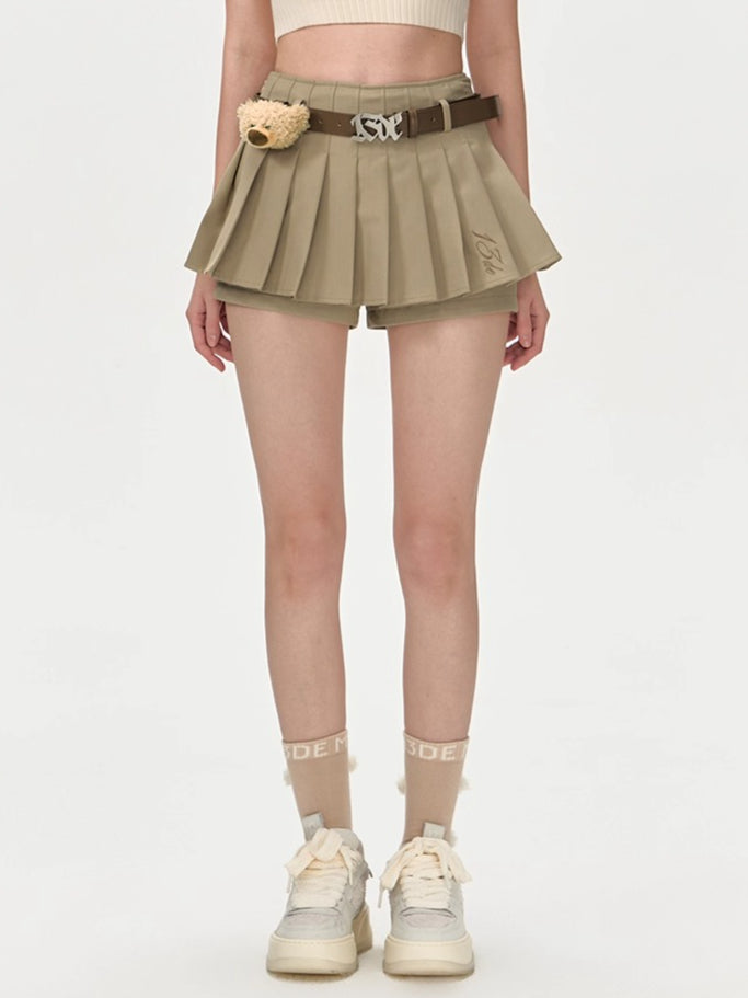 High-Waist Pleated Belted Skirt