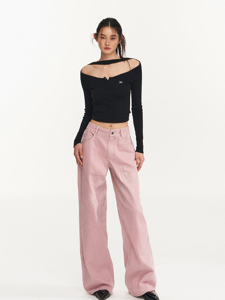 Pink Rhinestone Low-Waist Wide-Leg Jeans