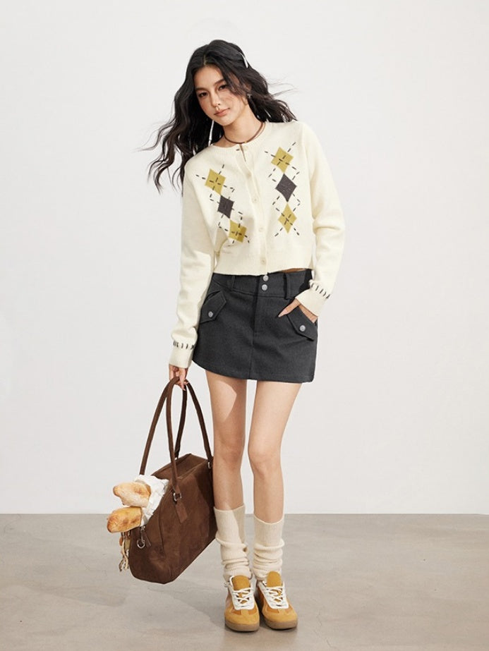 Hand-Stitched Argyle Knit Cardigan
