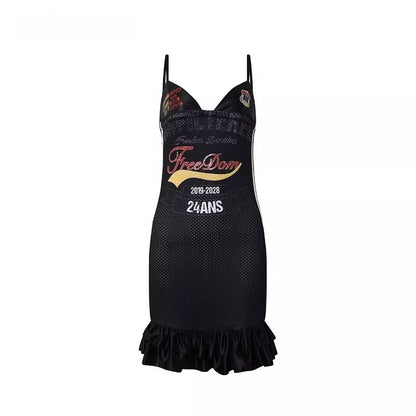 Letter-Print Lace-Trim Jersey Strap Dress