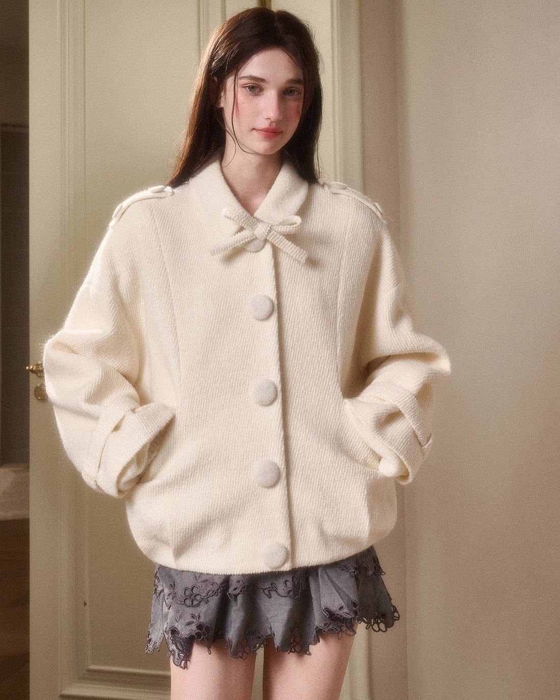 GROUP OF UNIVERSE Fluffy Snow Wool Twill Cut Jacket – view 13