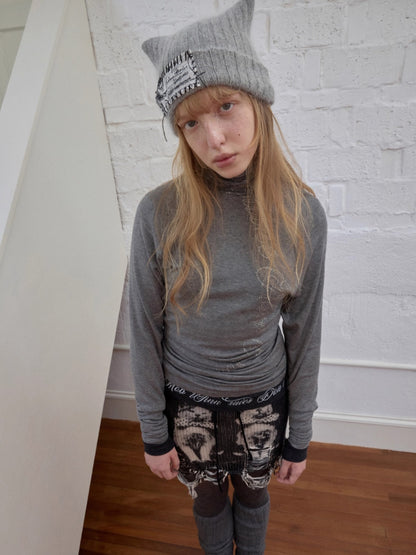 Cat Print Distressed Knit Mini Skirt