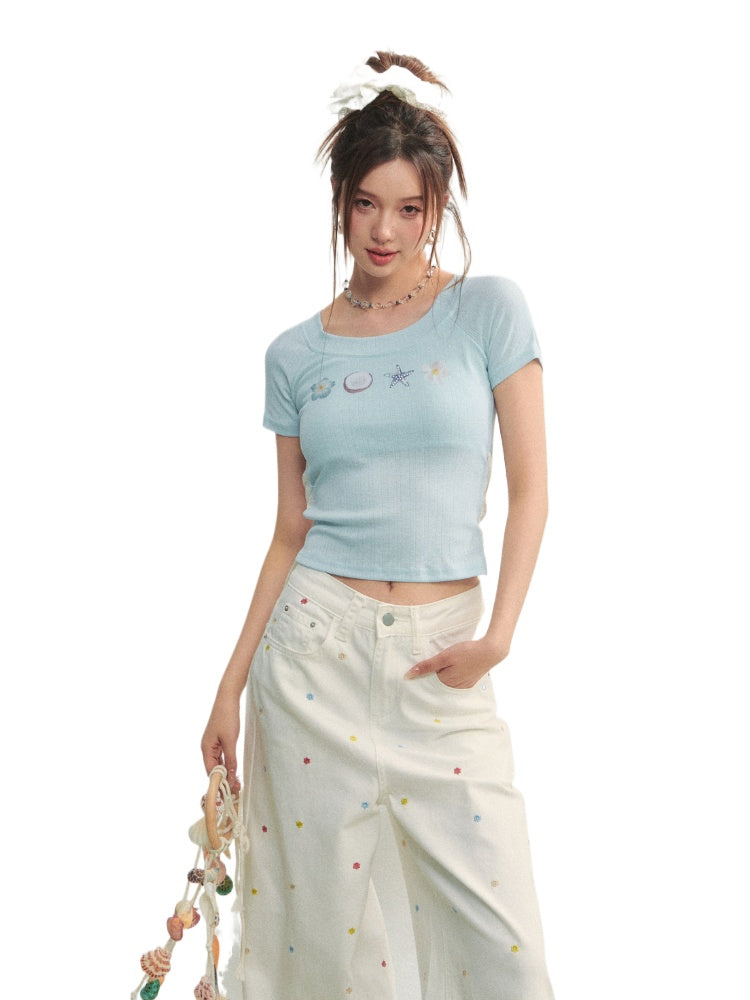 Crew Neck Printed Backless Embroidered T-Shirt - CHINASQUAD