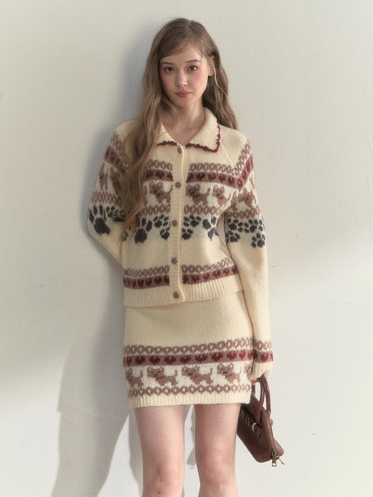 “Puppy Fair Isle” Vintage Knit Cardigan &amp; Skirt Set