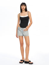 Washed and Distressed Straight-Leg Mid-Rise Hot Pants - CHINASQUAD