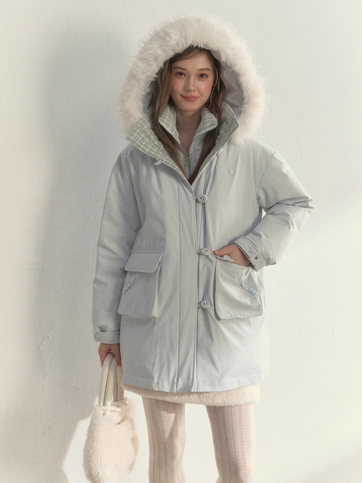 Glacier Blue &amp; Navy Plaid Panel Down Jacket