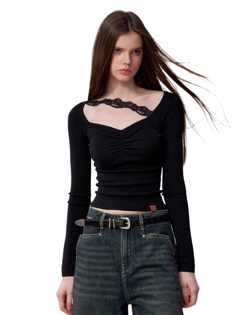 Ruched Lace-Trim Fitted Knit T-Shirt